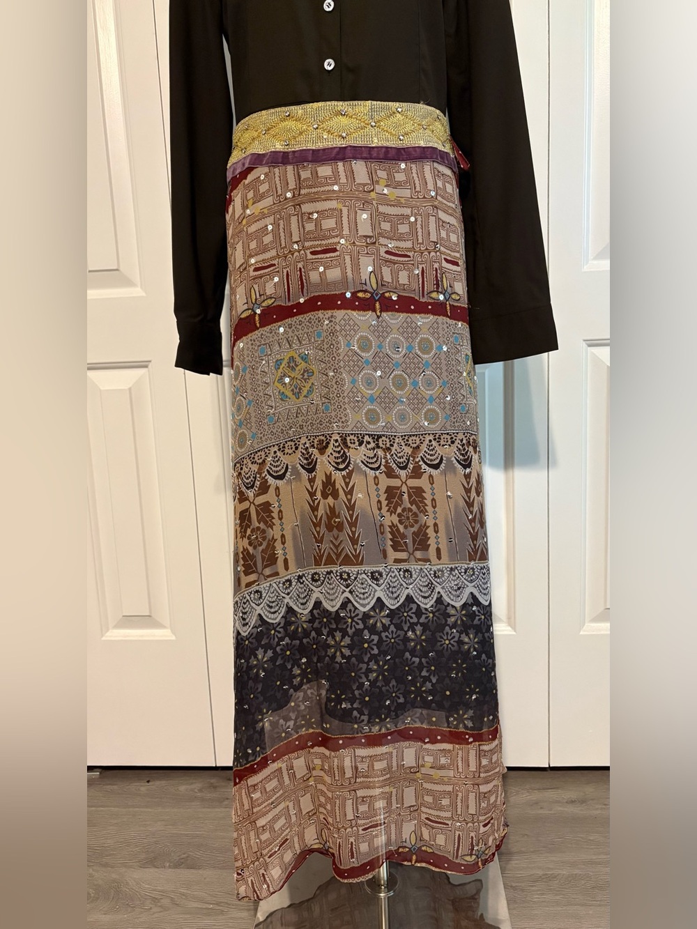 WD.NY 100% Silk Multi-Panel Sheer Maxi Skirt in Brown, Beige, Navy and Maroon